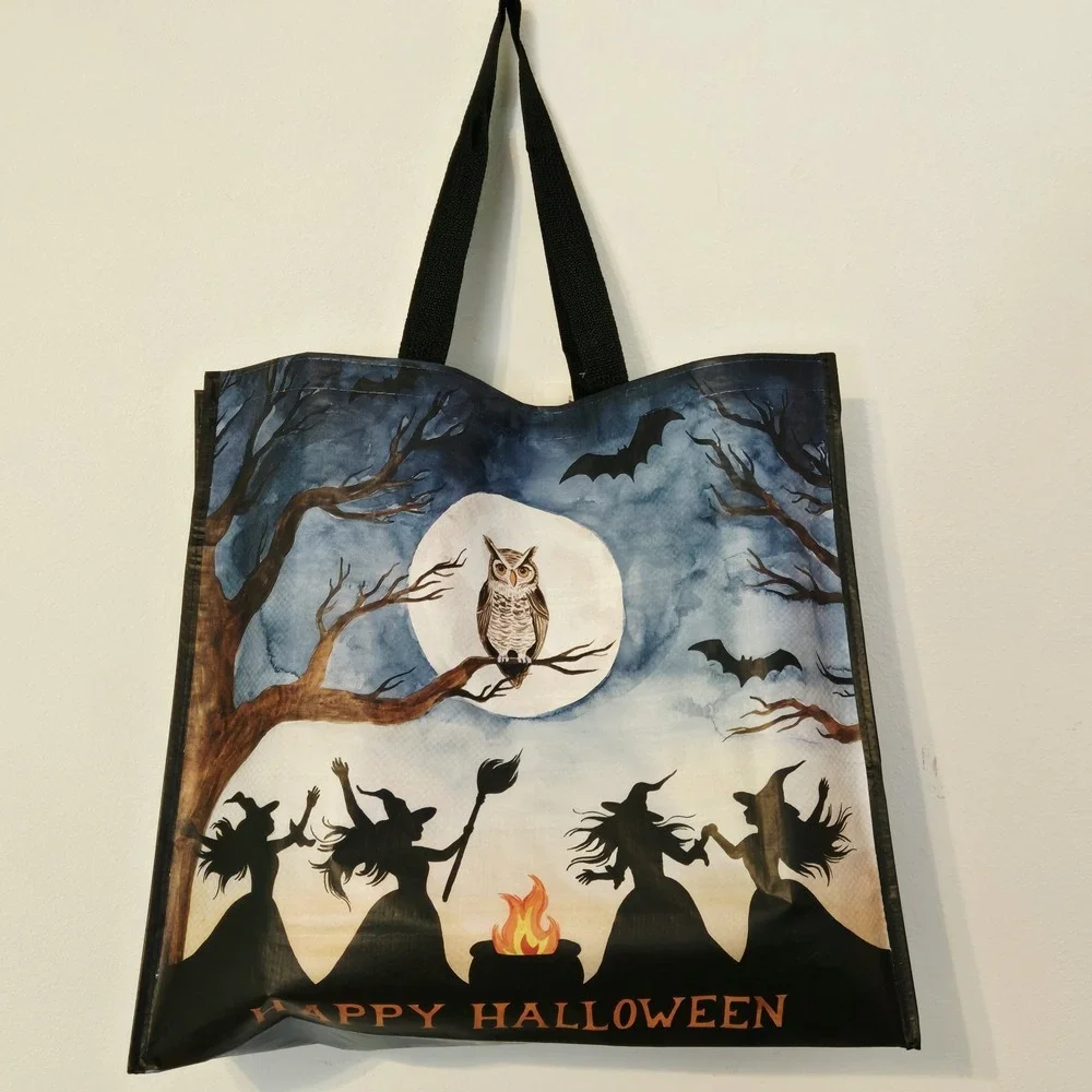 Halloween Witch Witches Cauldron Owl Trees Bats Broom Full Moon Bag TJMaxx New